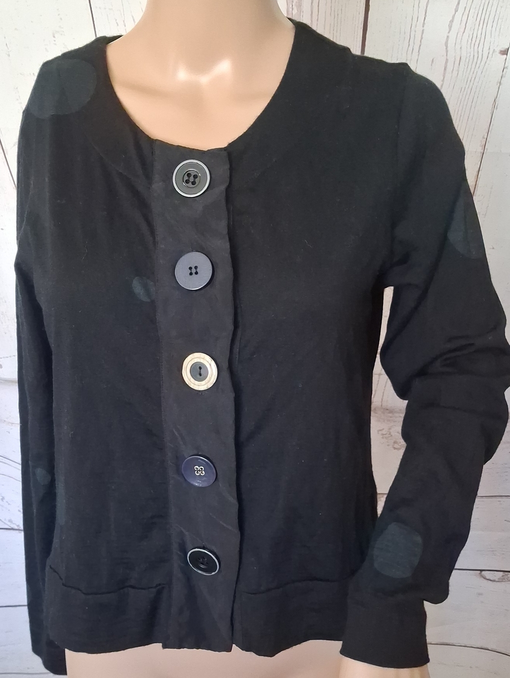 Foil Black Button-Front Women’s Merino Wool Cardigan With Polka Dots Size Small